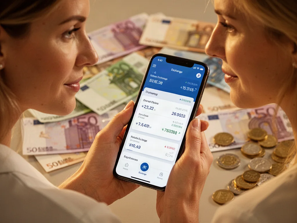 Kobieta trzymająca smartfon z aplikacją do przeliczania walut na tle rozmytych europejskich banknotów i monet.