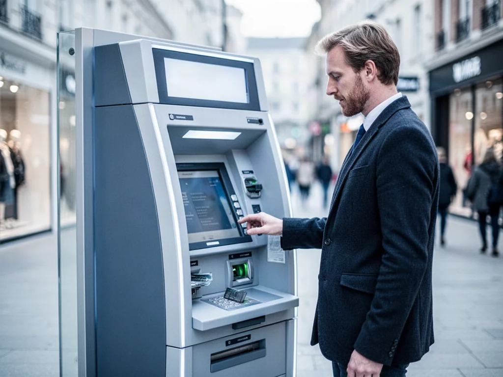 Mężczyzna korzystający z nowoczesnego bankomatu i wpłatomatu Euronet na tle miejskiego pasażu handlowego.