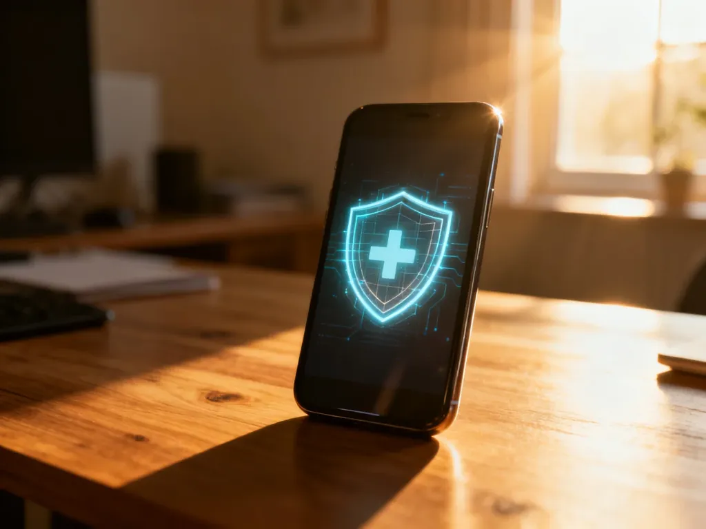 Smartfon z ikoną tarczy na ekranie, symbolizujący bezpieczne potwierdzanie tożsamości przez profil zaufany.