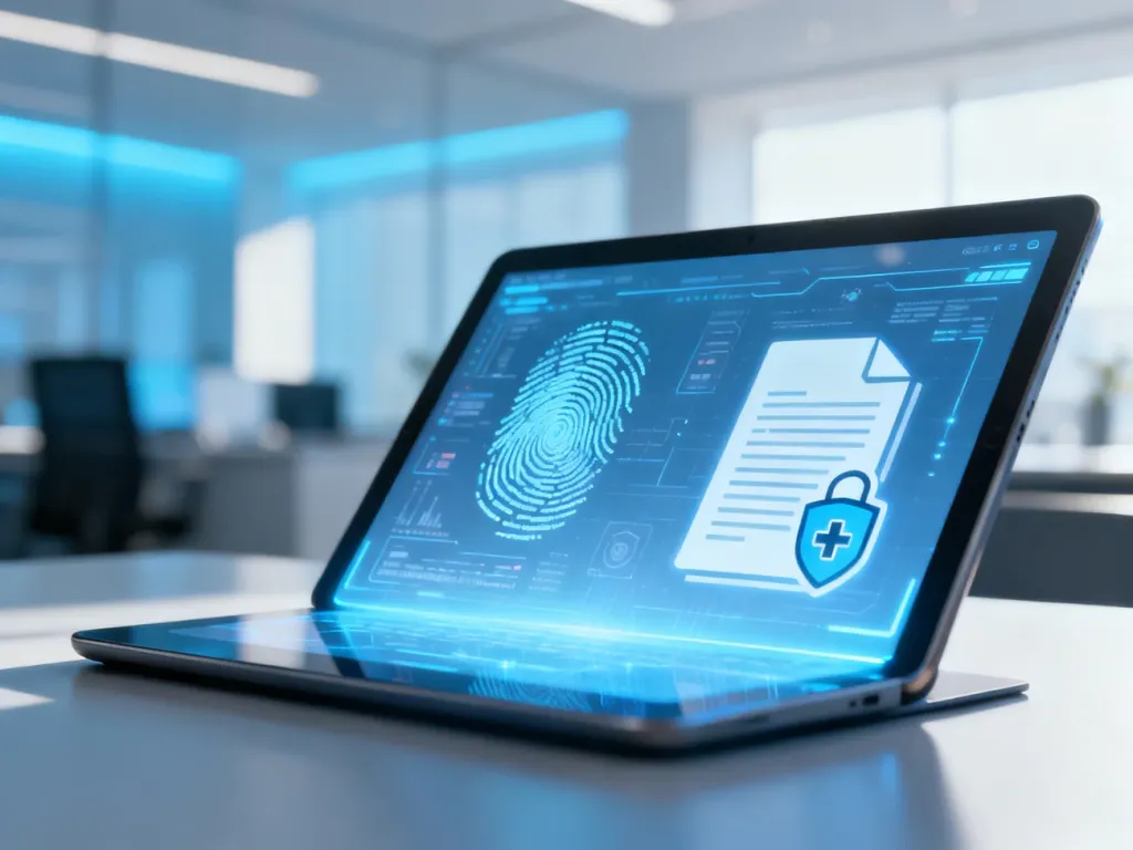 Holograficzny tablet wyświetlający zaszyfrowane dokumenty i dane biometryczne, symbolizujący cyfryzację administracji.