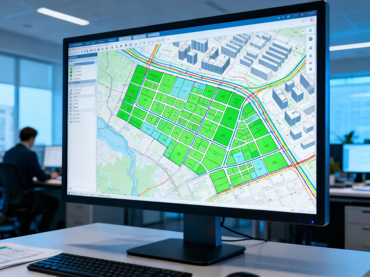 Interfejs systemu informacji przestrzennej z nałożonymi warstwami działek, dróg, budynków i sieci infrastruktury