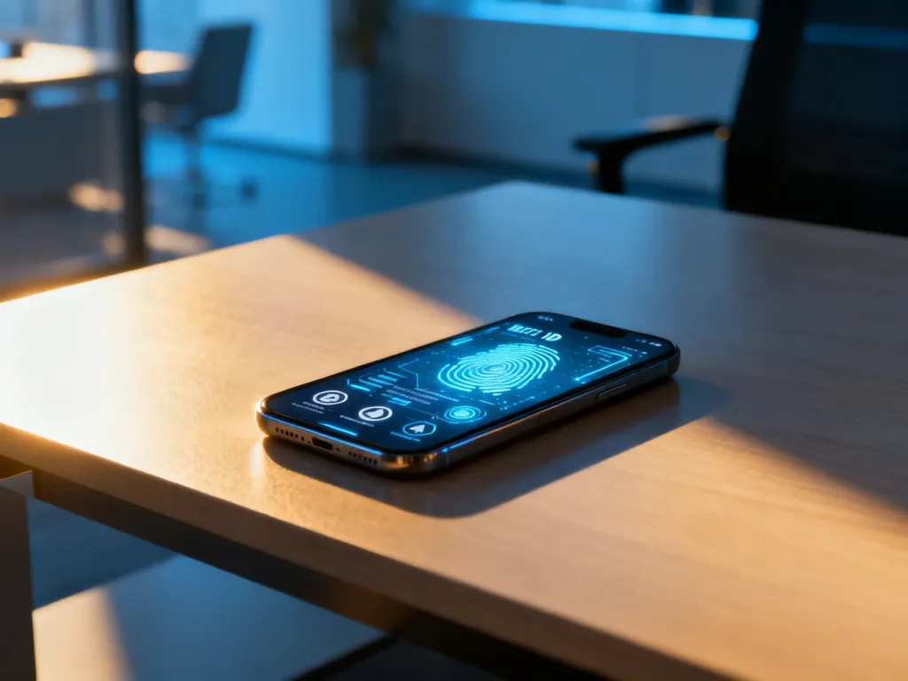 Smartfon z wyświetlonym cyfrowym dowodem tożsamości na minimalistycznym biurku, symbolizujący działanie aplikacji mObywatel.