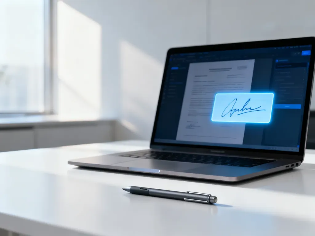 Nowoczesny laptop z cyfrowym dokumentem i rysikiem na biurku, symbolizujący proces elektronicznego podpisywania pism.