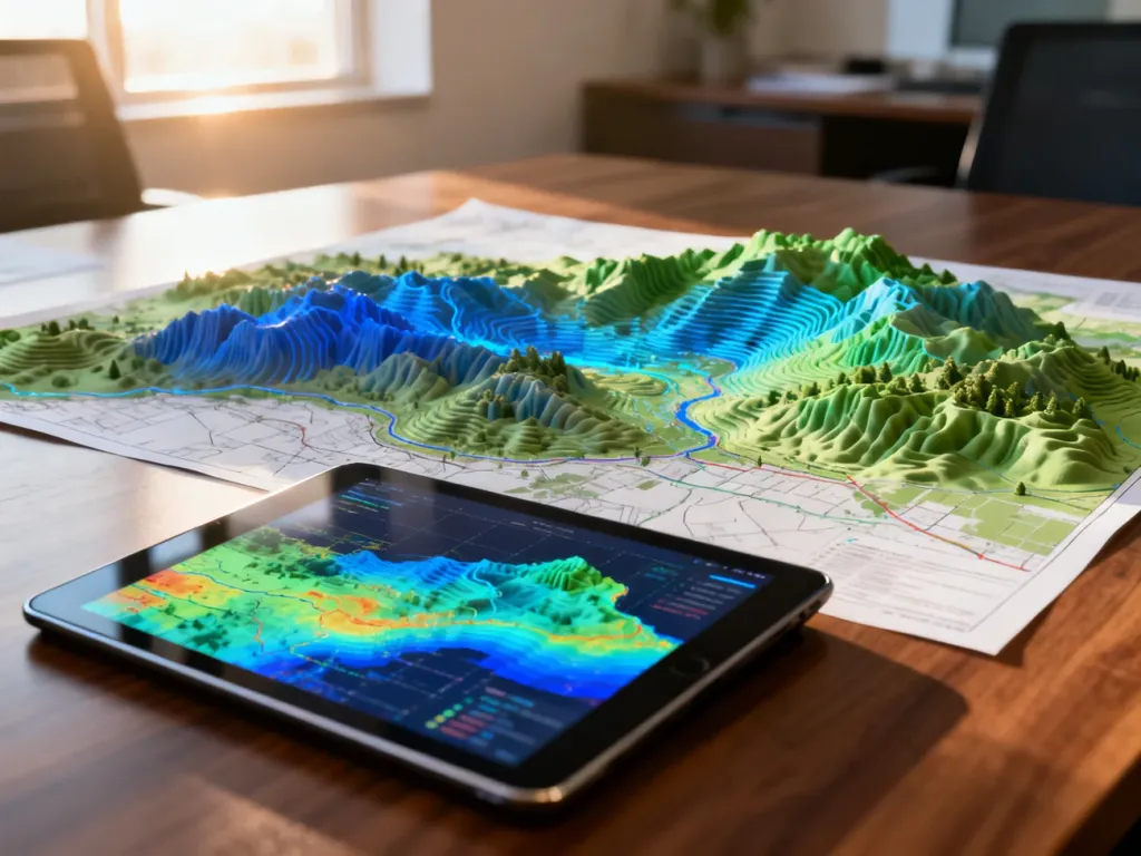 Trójwymiarowa mapa topograficzna oraz tablet z danymi przestrzennymi na biurku, ilustrujące pracę z systemem GIS.