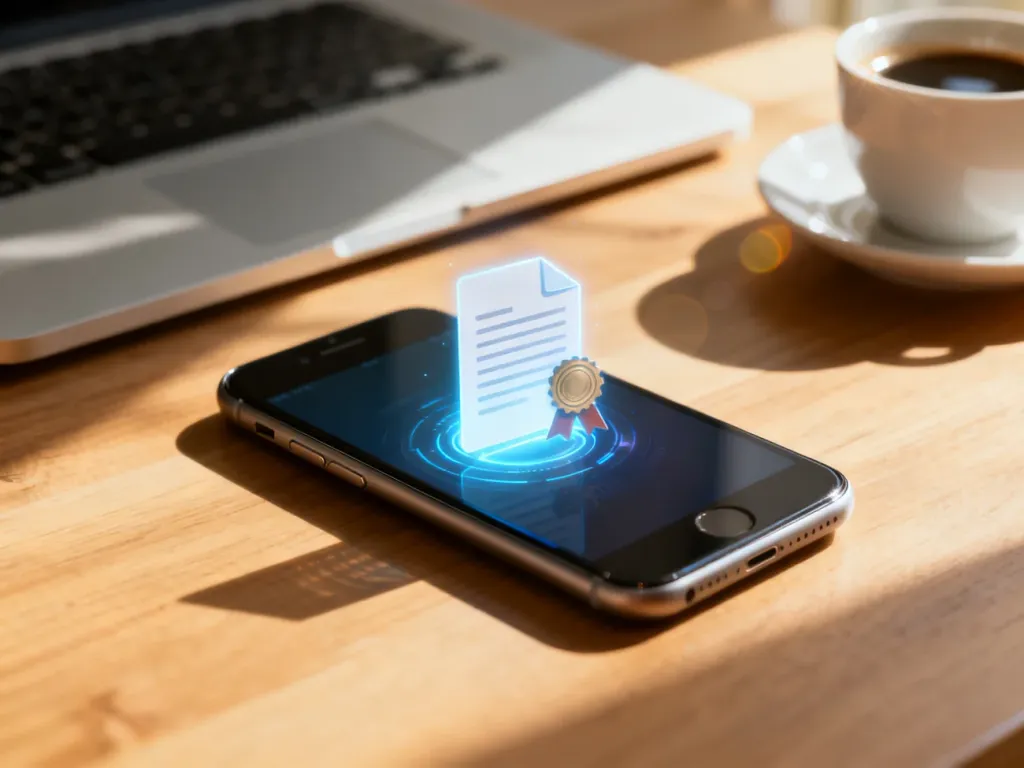Smartfon na biurku z ikoną cyfrowego dokumentu i wirtualną pieczęcią, symbolizujący proces elektronicznego doręczenia.