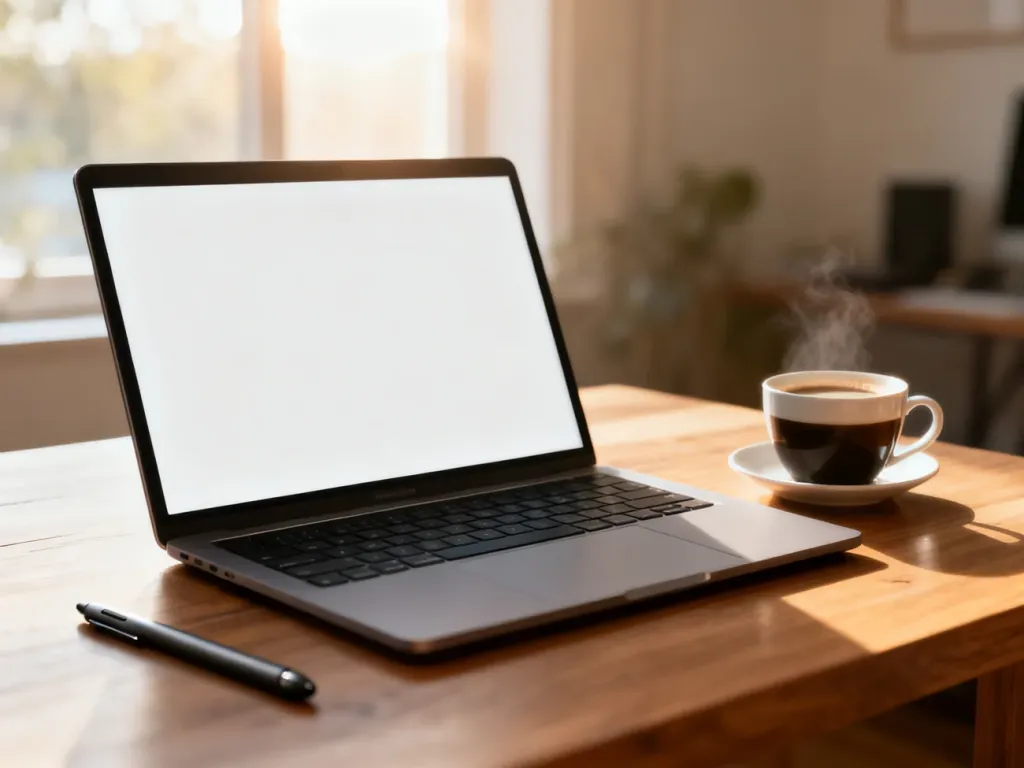 Nowoczesny laptop z otwartym interfejsem usług rządowych na drewnianym biurku w słonecznym domowym biurze.