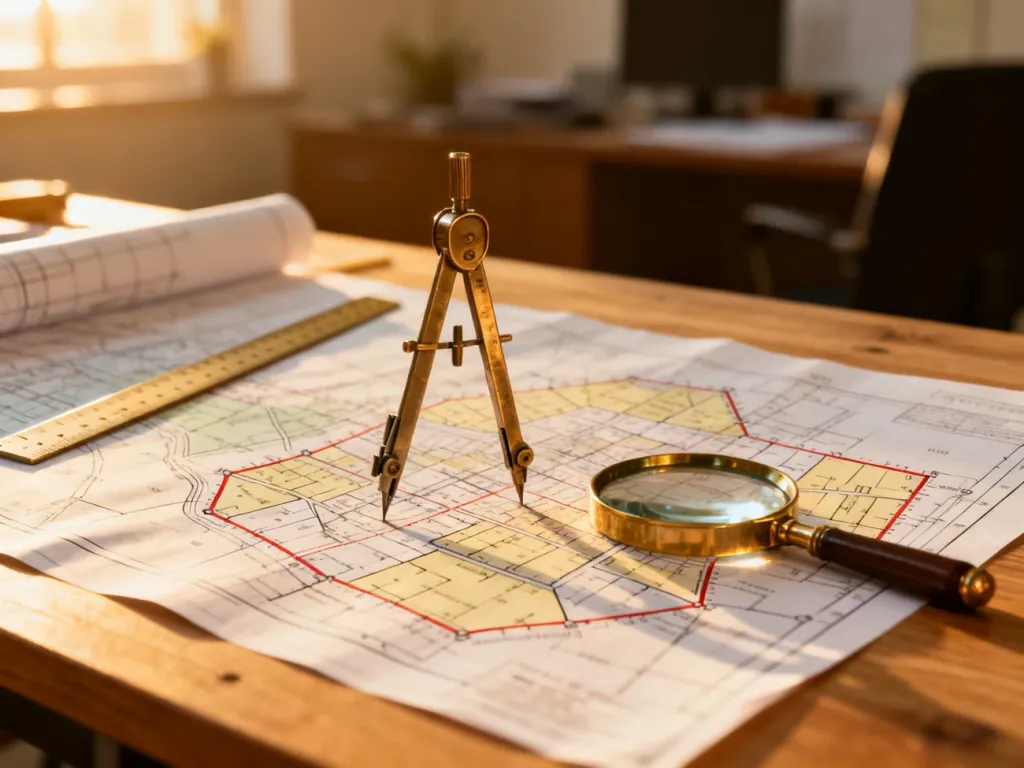 Profesjonalna mapa geodezyjna z przyborami kreślarskimi na drewnianym stole, ilustrująca ewidencję gruntów.