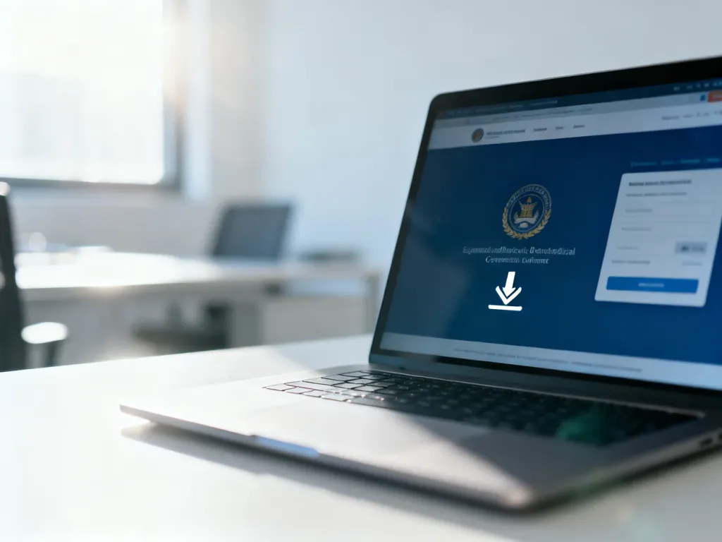 Nowoczesny laptop z widocznym przyciskiem pobierania na ekranie portalu urzędowego w jasnym biurowym wnętrzu.