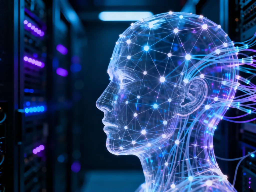 Holograficzna sylwetka ludzkiej głowy zbudowana z cyfrowych połączeń, symbolizująca nowoczesną tożsamość elektroniczną.