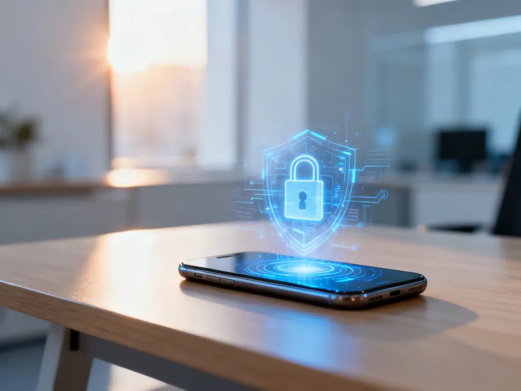 Smartfon z cyfrowym interfejsem symbolizującym bezpieczną wymianę danych w aplikacji mObywatel na biurku w nowoczesnym biurze.