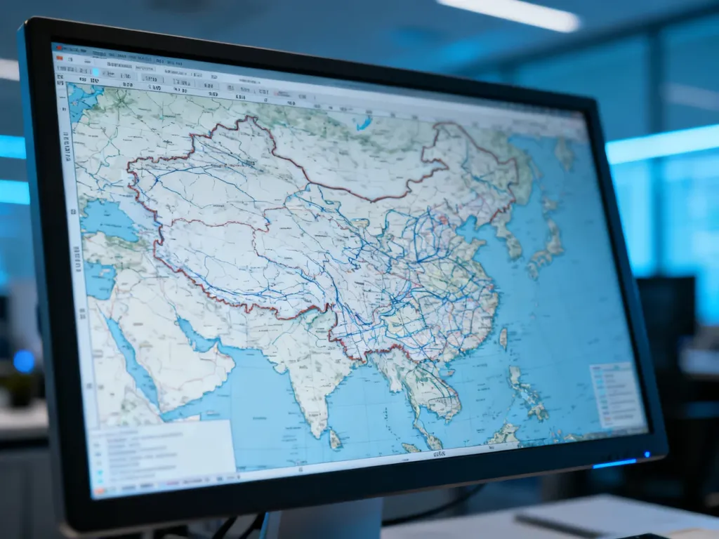 Cyfrowa mapa granic państwowych z widocznymi liniami kartograficznymi i współrzędnymi geograficznymi na ekranie komputera.
