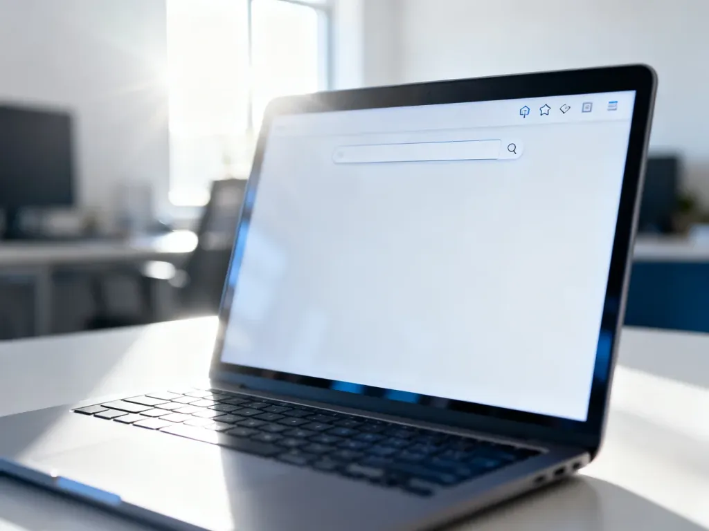 Ekran laptopa z minimalistycznym interfejsem wyszukiwania, symbolizujący łatwe korzystanie z usług cyfrowych na gov.pl.