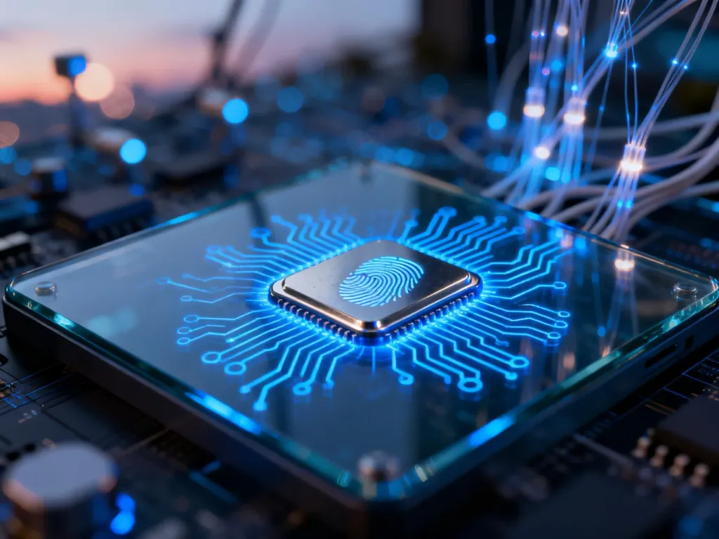 Nowoczesny chip biometryczny z niebieskimi obwodami cyfrowymi, symbolizujący zaawansowaną elektroniczną identyfikację.