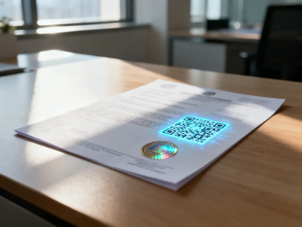 Oficjalny dokument z kodem QR i hologramem na biurku, symbolizujący nowoczesną weryfikację tożsamości.