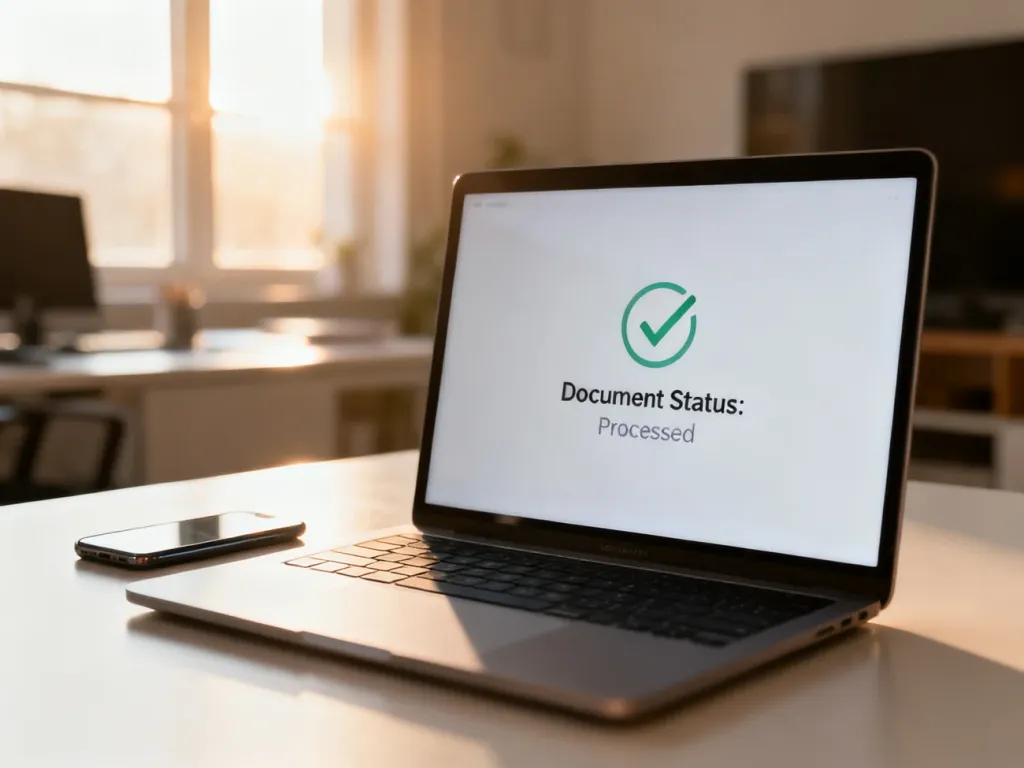 Ekran laptopa z widocznym statusem przetworzonego dokumentu na uporządkowanym biurku w domowym biurze.