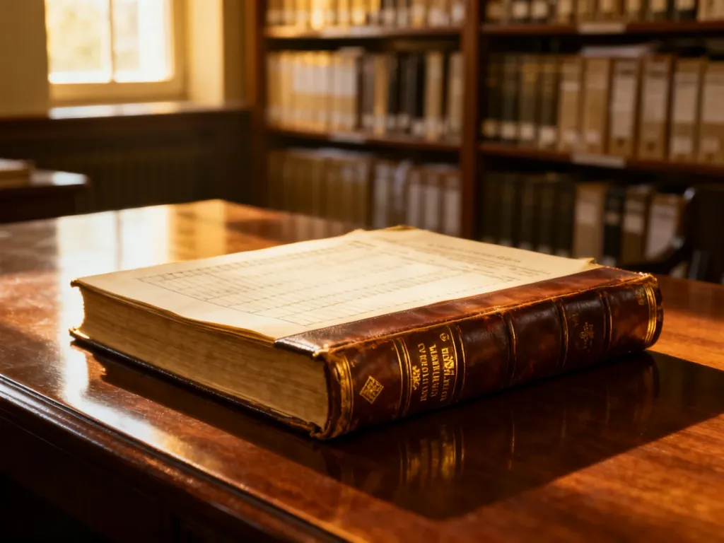 Zabytkowa księga w skórzanej oprawie na mahoniowym biurku w bibliotece, symbolizująca prowadzenie rejestrów urzędowych.