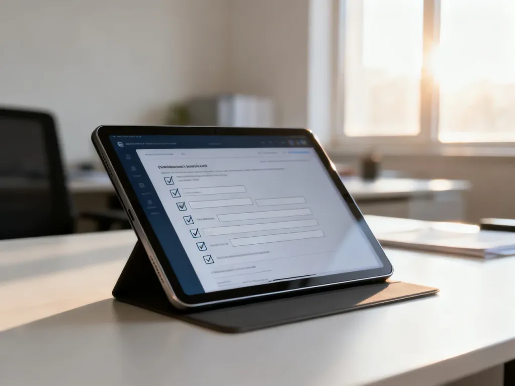 Tablet z otwartym cyfrowym formularzem urzędowym na tle minimalistycznego biura, symbolizujący nowoczesną administrację.