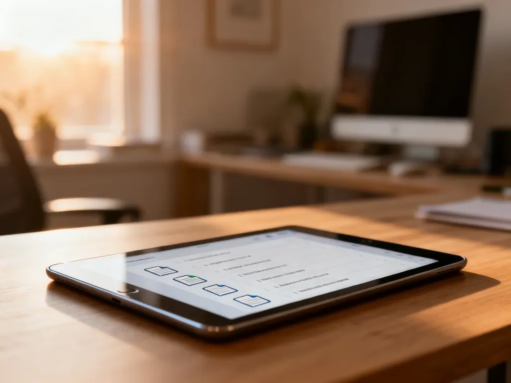 Tablet z listą cyfrowych dokumentów na biurku, symbolizujący wygodne zarządzanie korespondencją online.