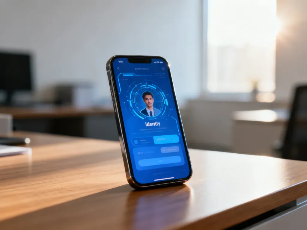 Smartfon z wyświetlonym interfejsem cyfrowej tożsamości leżący na drewnianym biurku w jasnym biurze.