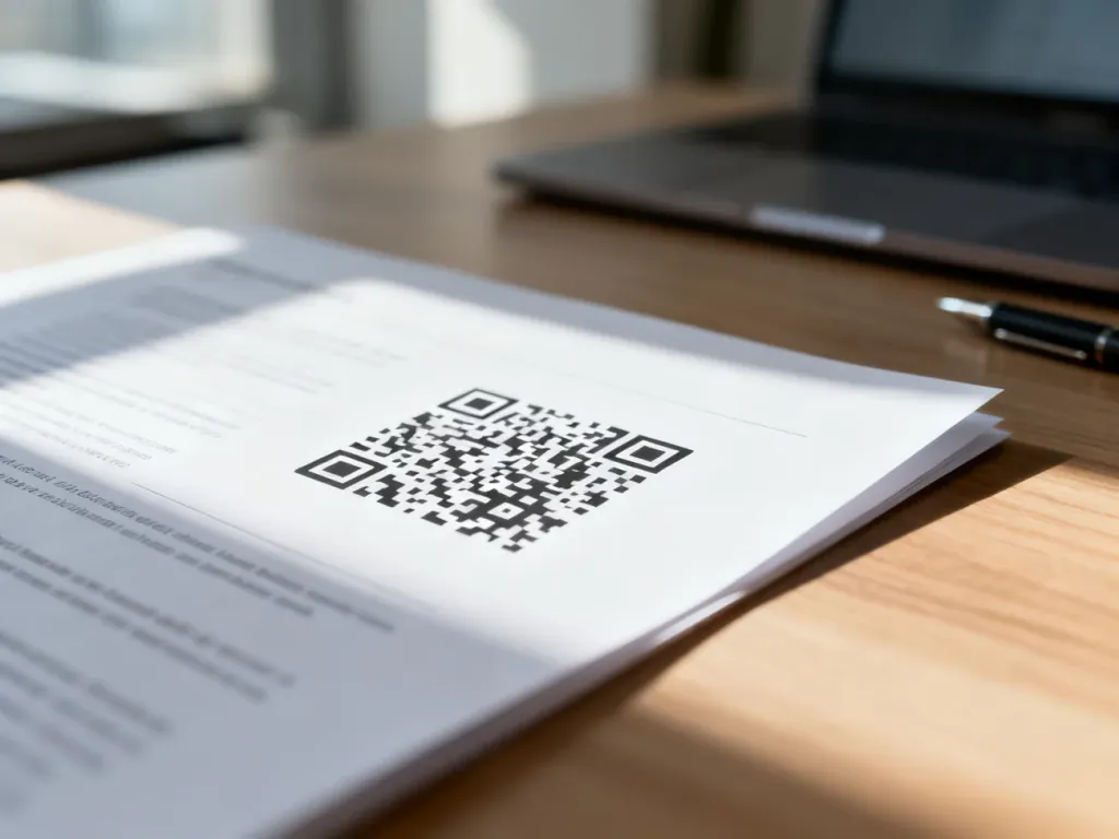 Wydrukowany kod QR na dokumencie leżącym na biurku, gotowy do zeskanowania w profesjonalnym środowisku biurowym.