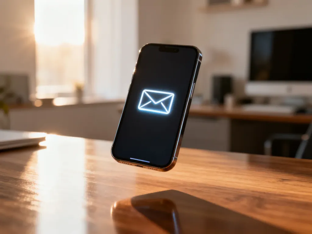 Smartfon z ikoną cyfrowej koperty na ekranie, symbolizujący nowoczesne e-doręczenia w domowym biurze.