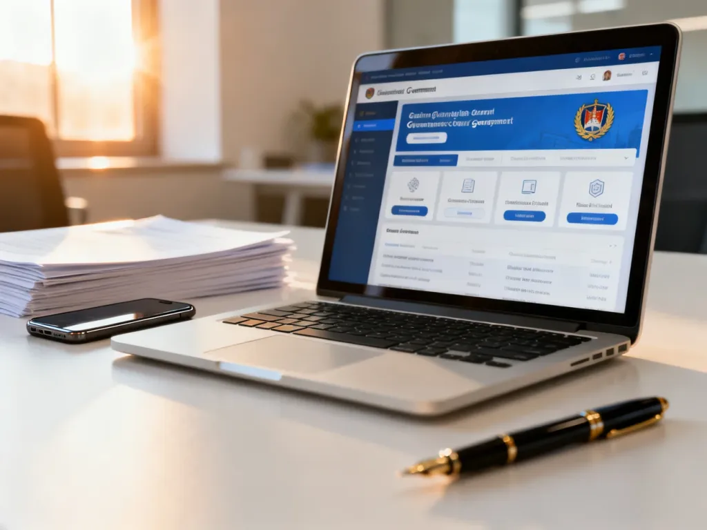 Nowoczesne biurko z laptopem wyświetlającym portal rządowy, smartfonem i dokumentami, symbolizujące obsługę spraw online.