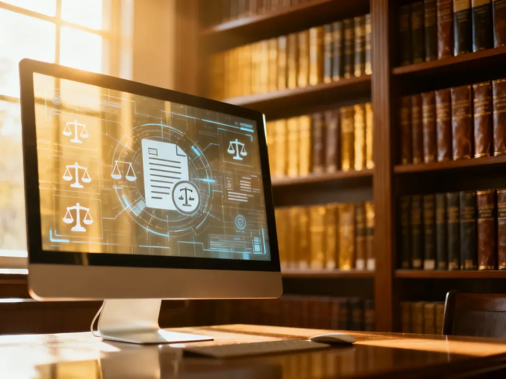 Nowoczesny monitor wyświetlający cyfrową bazę danych w profesjonalnym biurze prawnym.