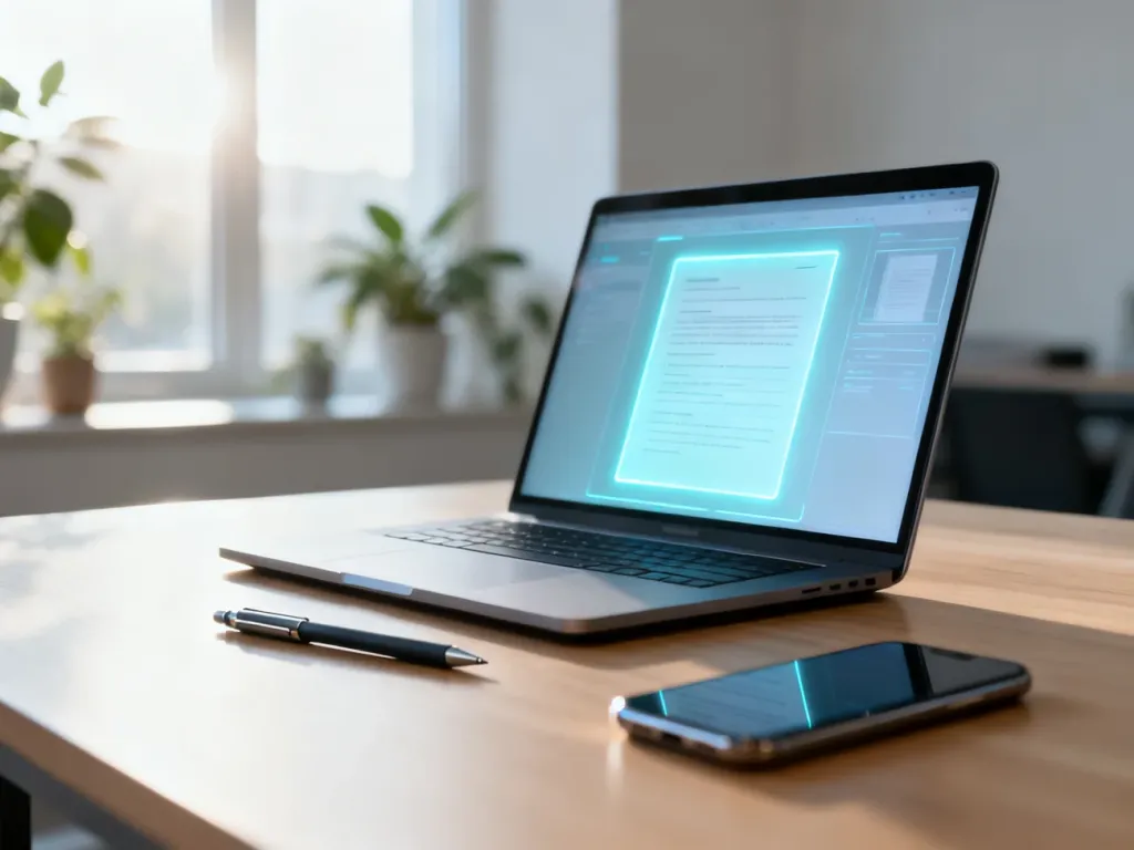 Otwarty laptop z cyfrowym dokumentem na biurku, symbolizujący proces składania wniosku przez platformę ePUAP.