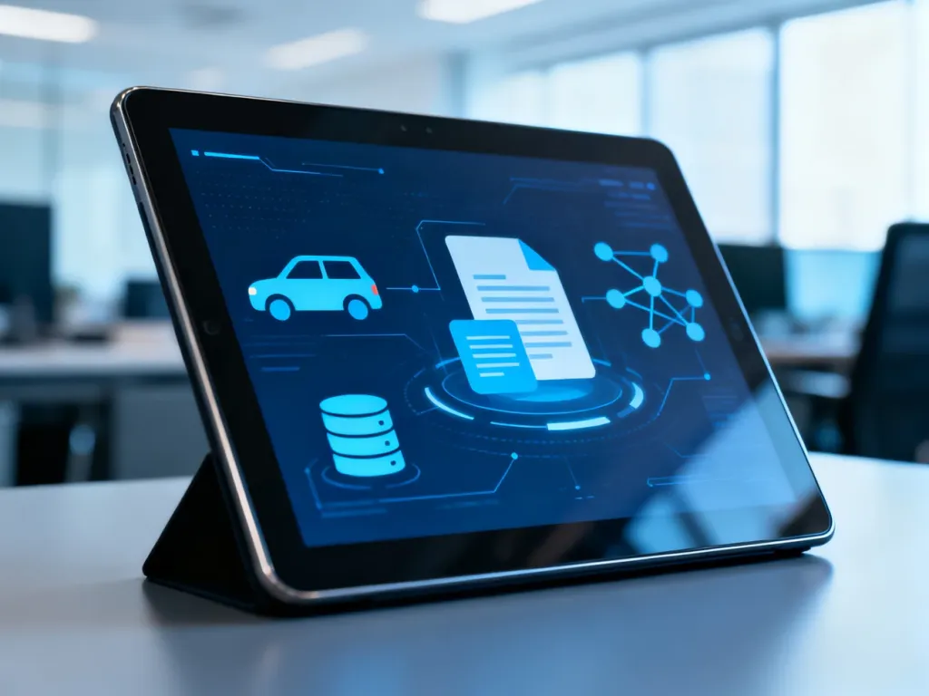 Nowoczesny tablet z ikonami pojazdów i dokumentów, symbolizujący cyfrowy system zarządzania bazą danych CEPiK.