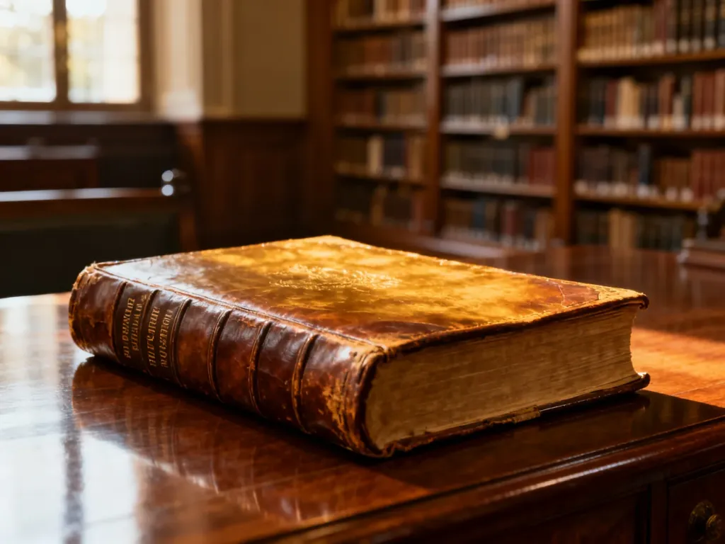 Stara księga w skórzanej oprawie na drewnianym biurku, symbolizująca tradycyjny rejestr publiczny w bibliotecznym wnętrzu.