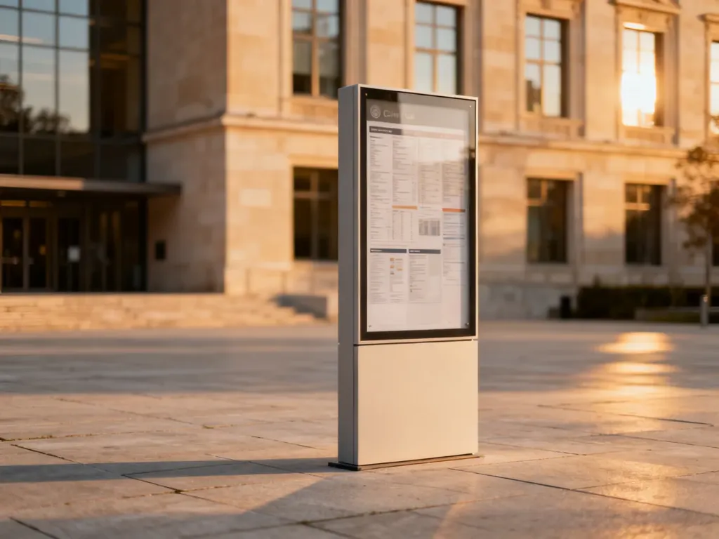 Nowoczesna tablica informacyjna przed budynkiem urzędu miasta w świetle zachodzącego słońca.