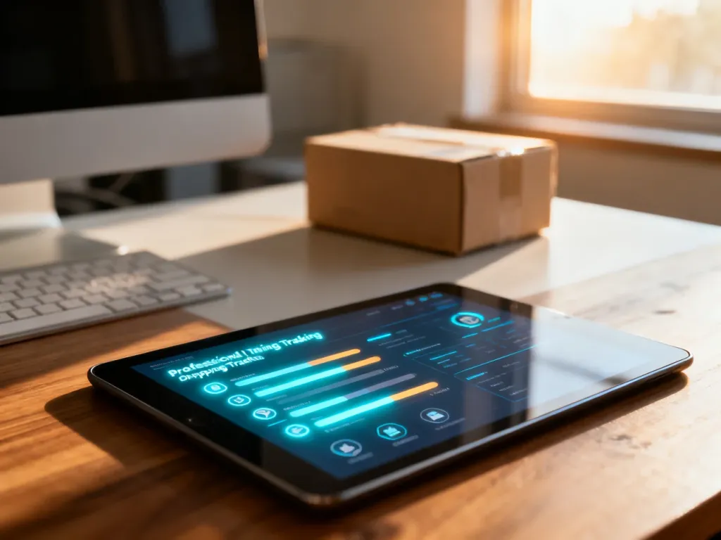 Tablet na biurku wyświetlający panel śledzenia przesyłki z widocznym statusem dostawy w tle.