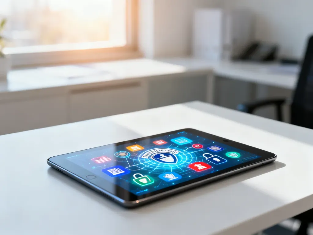 Tablet na biurku z ikonami usług cyfrowych, symbolizujący nowoczesny dostęp do e-administracji.