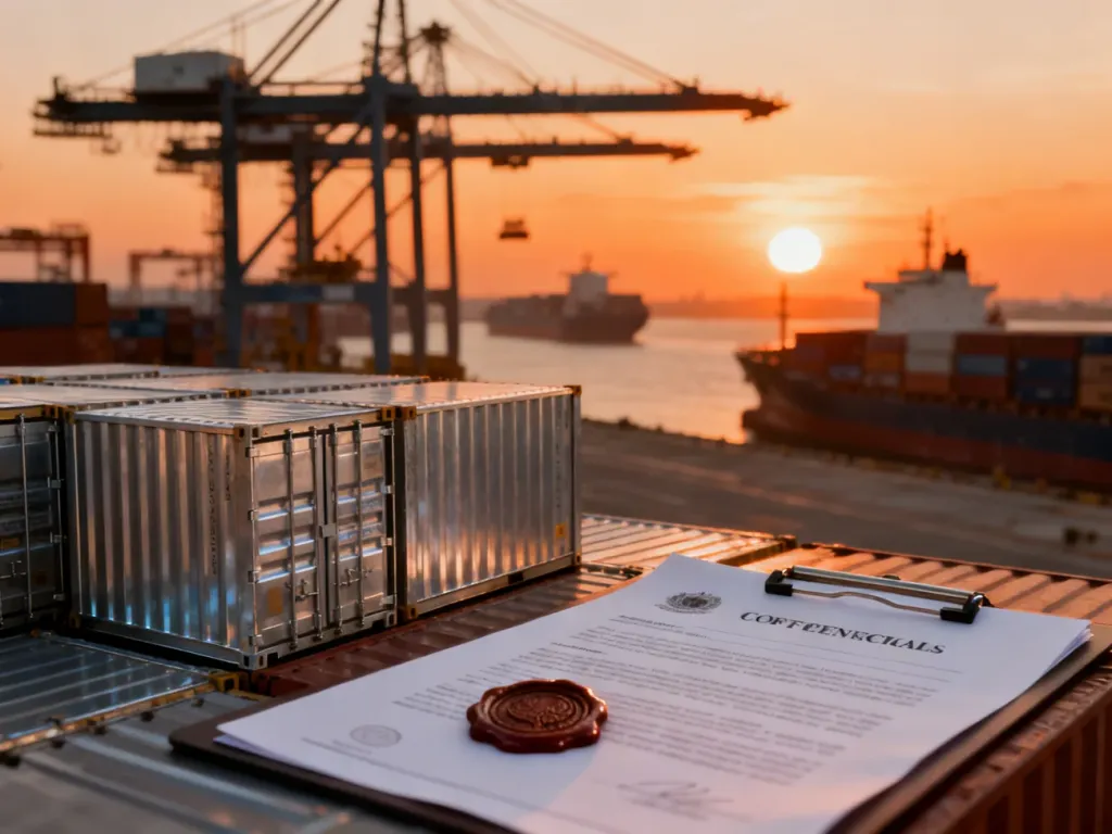 Nowoczesny port przeładunkowy o zachodzie słońca z dokumentami celnymi na pierwszym planie.