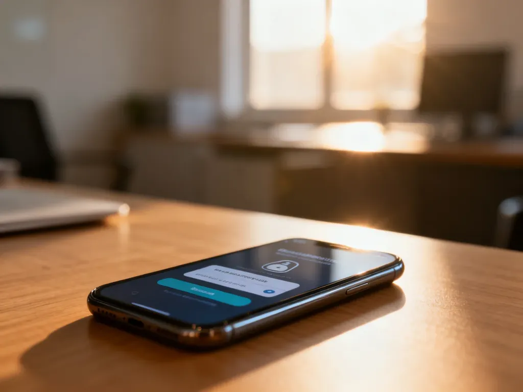 Smartfon z interfejsem cyfrowego logowania na drewnianym biurku, symbolizujący bezpieczny dostęp do usług ePUAP.