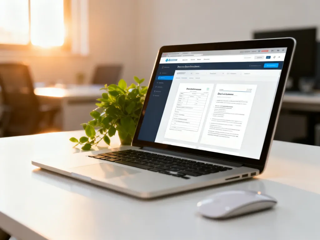Nowoczesne stanowisko pracy z laptopem wyświetlającym portal do obsługi dokumentów cyfrowych w biurowym wnętrzu.