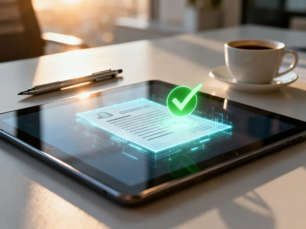 Ekran tabletu z hologramem dokumentu i zielonym symbolem weryfikacji, potwierdzający poprawność podpisu elektronicznego.