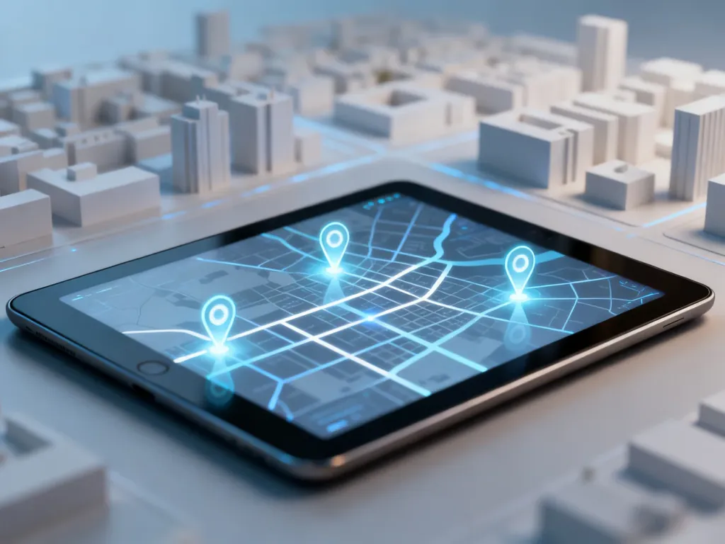 Tablet z wyświetloną cyfrową mapą miasta z zaznaczonymi lokalizacjami, symbolizujący nowoczesny rejestr adresowy.