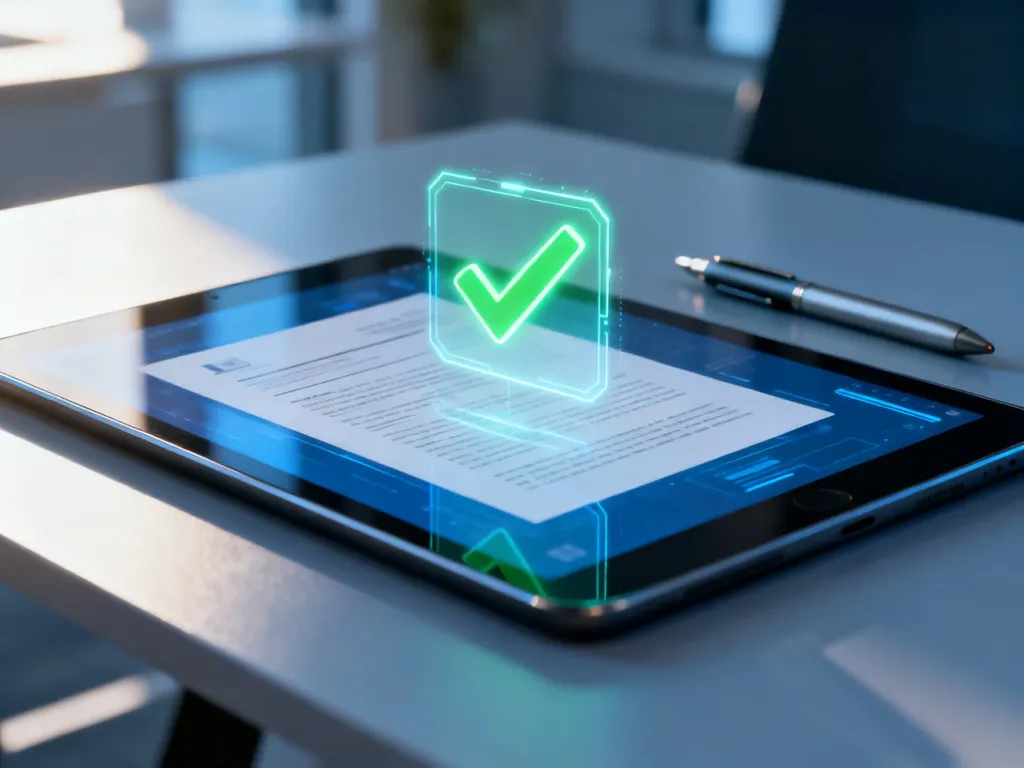 Zielona ikona potwierdzenia na ekranie tabletu, symbolizująca pomyślną weryfikację podpisu elektronicznego w dokumencie.