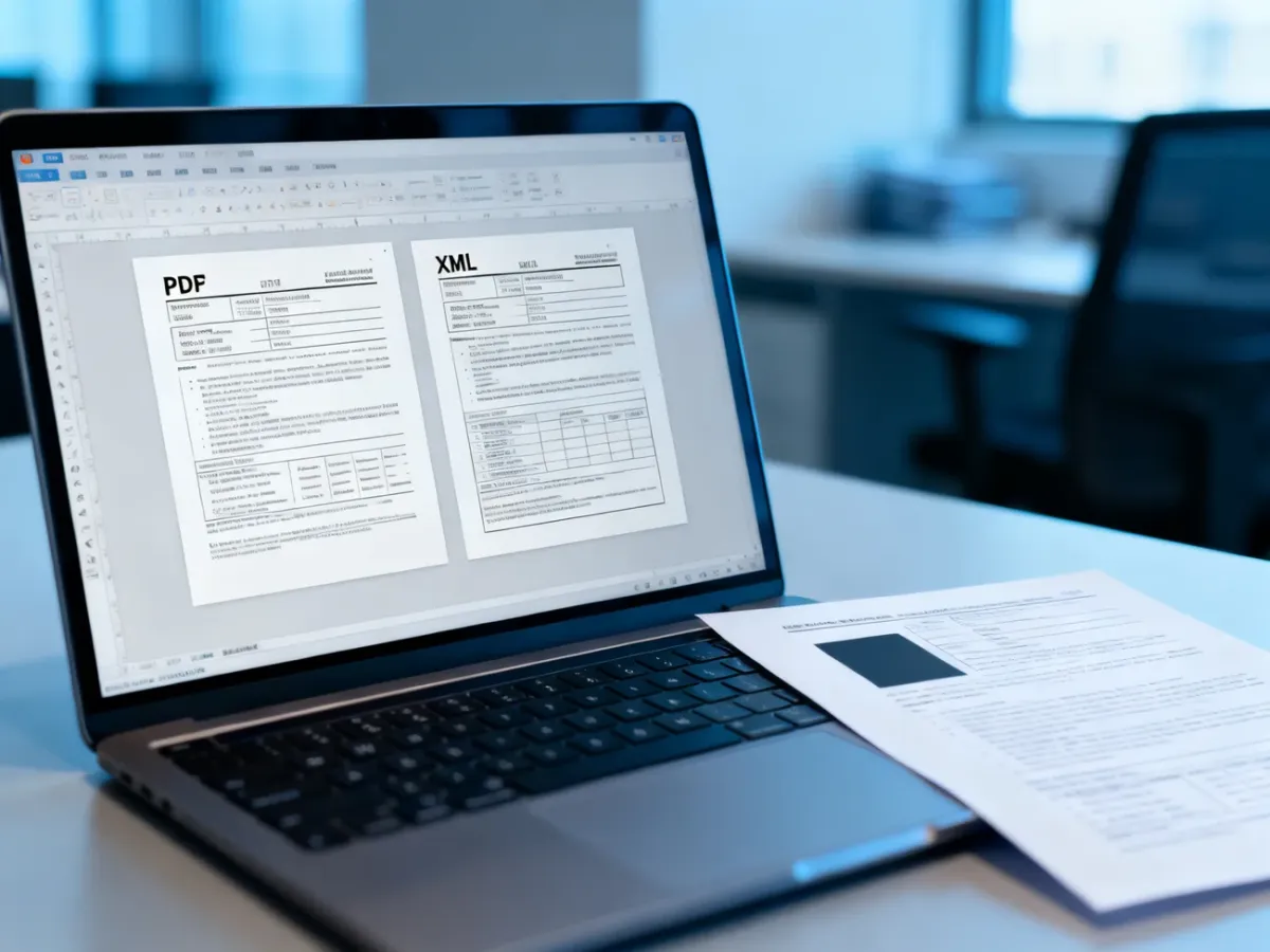 Cyfrowe dokumenty PDF i XML oraz skan dokumentu papierowego na biurku