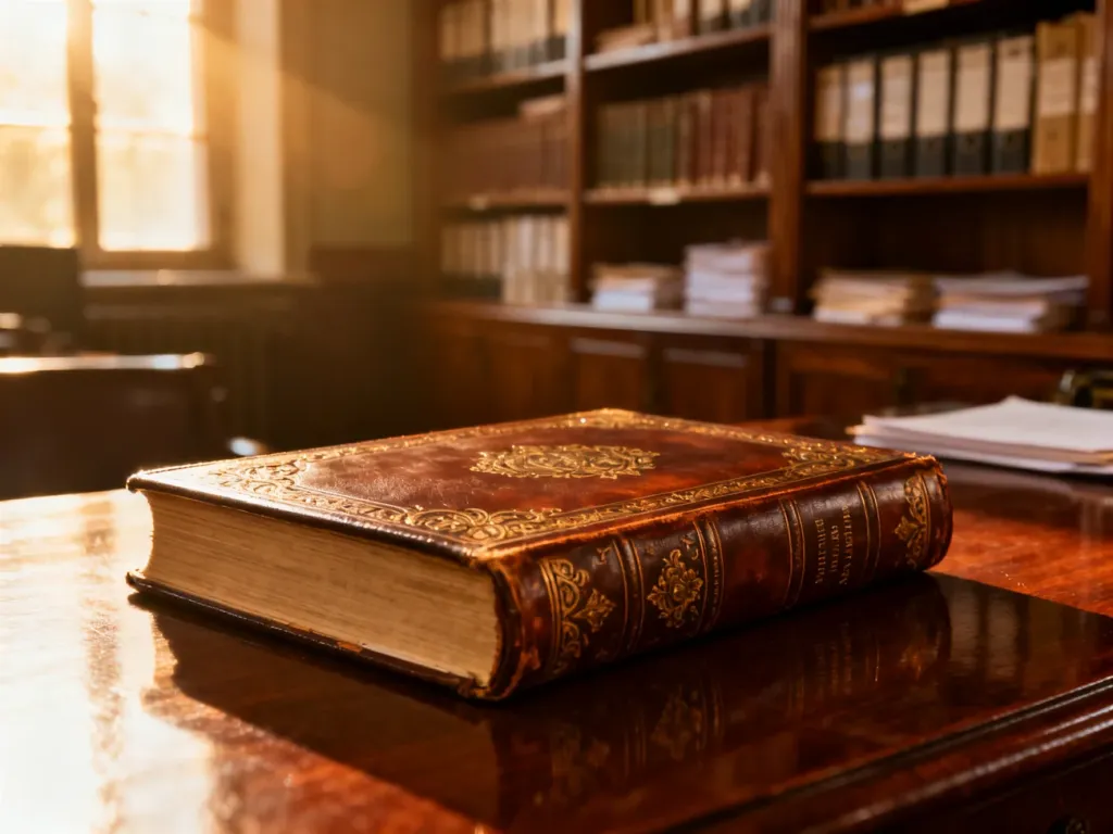 Zabytkowa księga rejestrowa na mahoniowym biurku w tle archiwalnego biura, symbolizująca proces uzyskiwania odpisów akt.