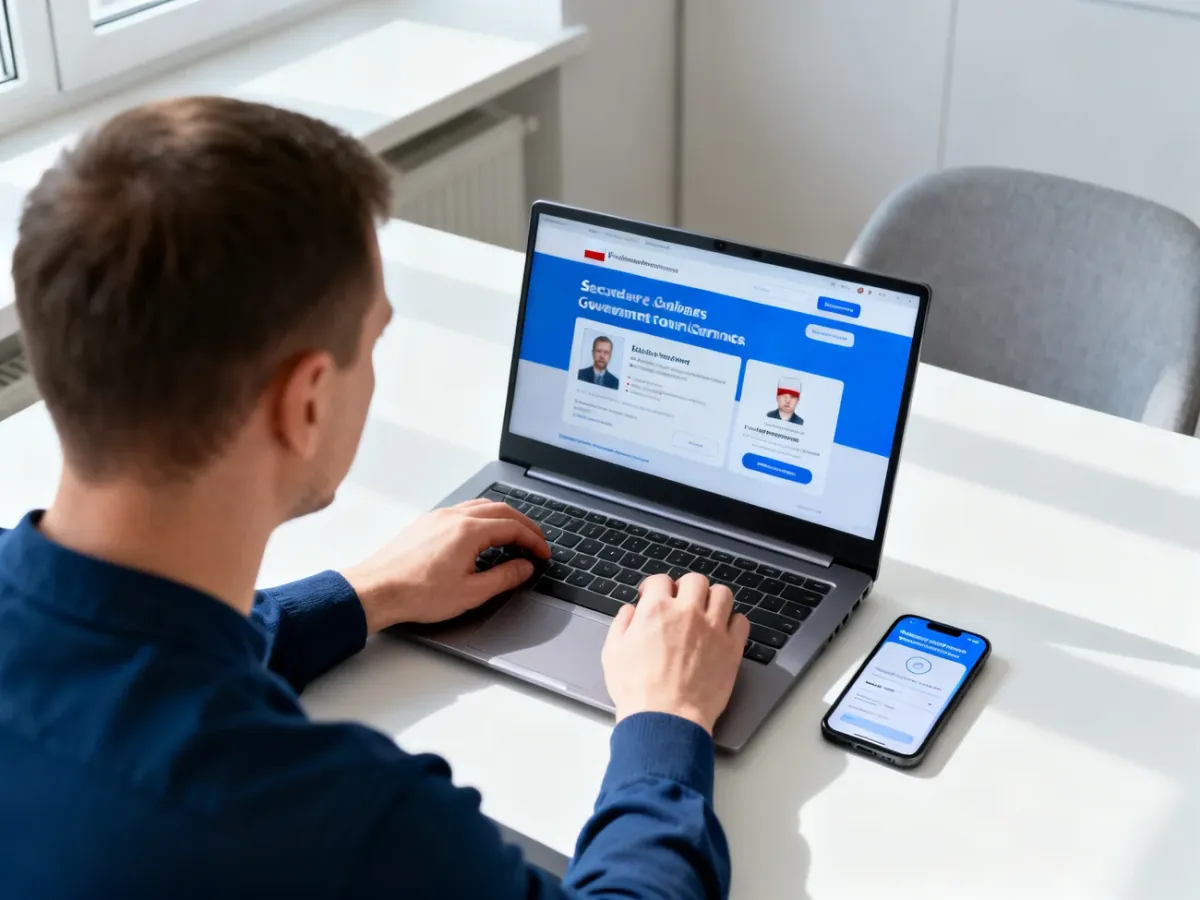 Osoba korzystająca z profilu zaufanego na laptopie w domu