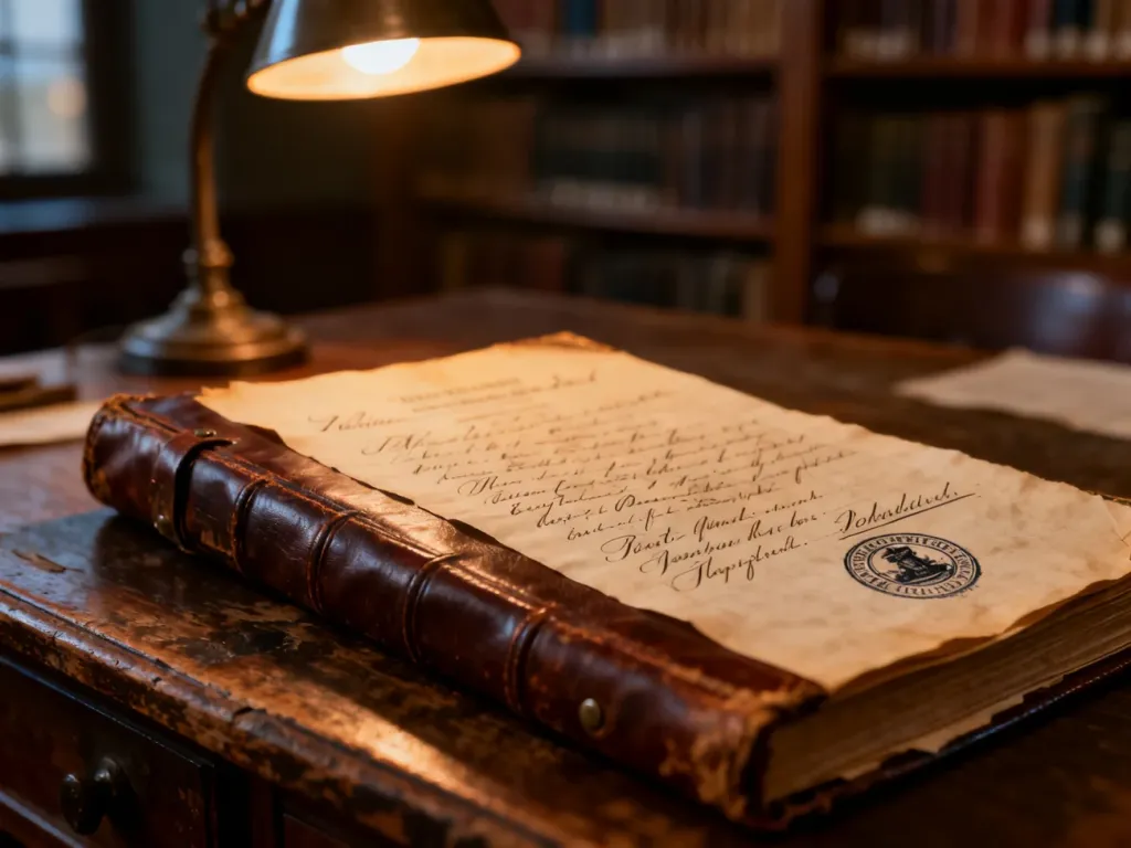 Otwarta zabytkowa księga archiwalna z odręcznym pismem i pieczęcią, leżąca na drewnianym biurku w bibliotece.
