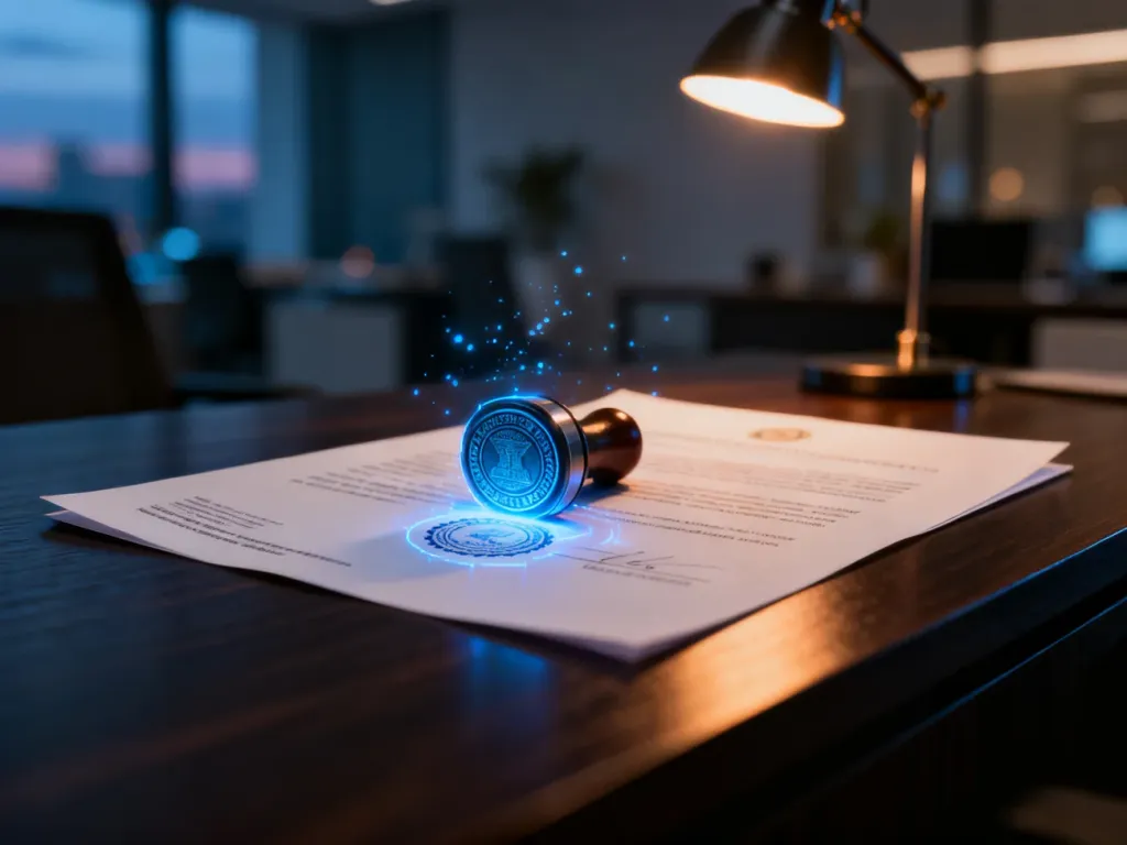 Elektroniczna pieczęć nakładana na dokument na drewnianym biurku, symbolizująca cyfrowe uwierzytelnianie danych.