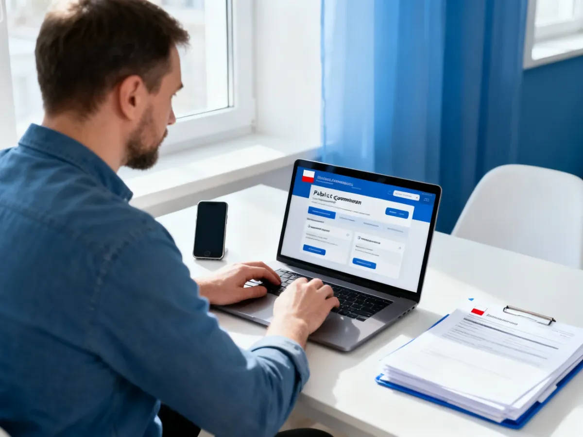 Osoba korzystająca z e-usług publicznych na laptopie w domowym biurze