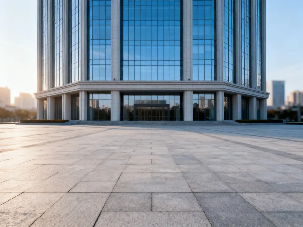 Nowoczesny budynek biurowy o symetrycznej fasadzie, symbolizujący siedzibę instytucji centralnej.
