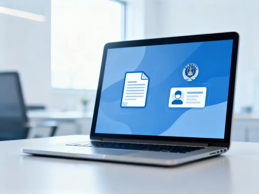 Nowoczesny laptop z interfejsem usług cyfrowych w jasnym, profesjonalnym biurze, symbolizujący dostęp do e-administracji.