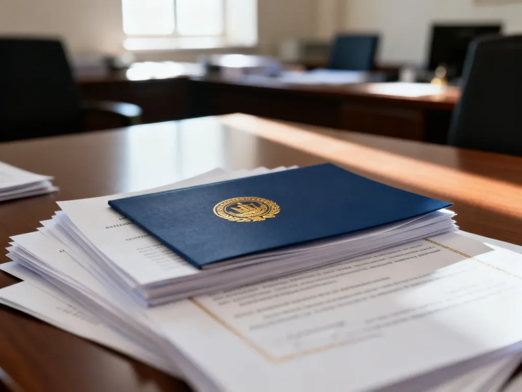 Stos oficjalnych dokumentów urzędowych z pieczęciami na biurku w nowoczesnym biurze administracji publicznej.
