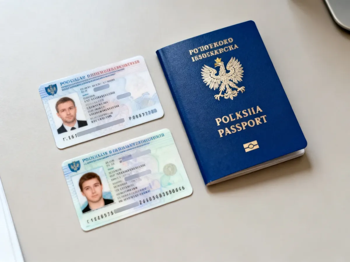 Dowód osobisty, paszport i prawo jazdy ułożone obok siebie na biurku