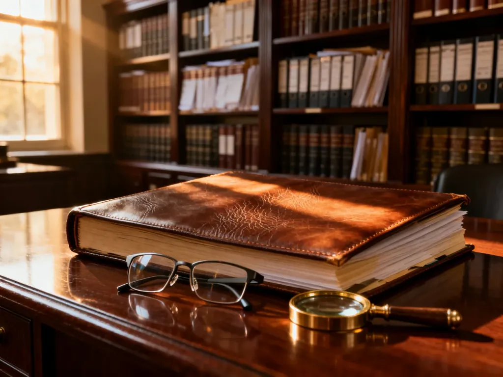 Skórzana księga archiwalna z lupą i okularami na biurku, symbolizująca dostęp do dokumentacji prawnej w systemie KRS.